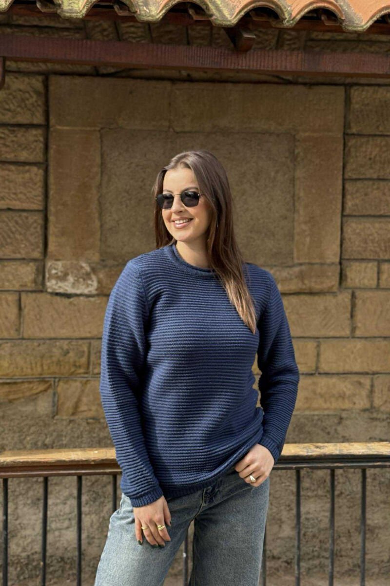 ONE COLOR ROUND NECK KNITTED WOMEN SWEATER BLUE/BLU - 2