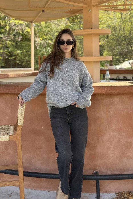 ONE COLOR ROUND NECK KNITTED WOMEN SWEATER GREY/GRI - 1