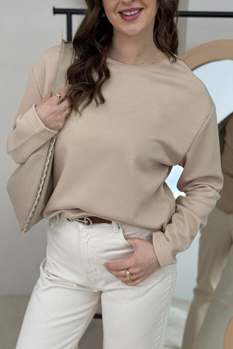 ONE COLOR ROUND NECK WOMEN SWEATSHIRT BEIGE/BEZHE - 3