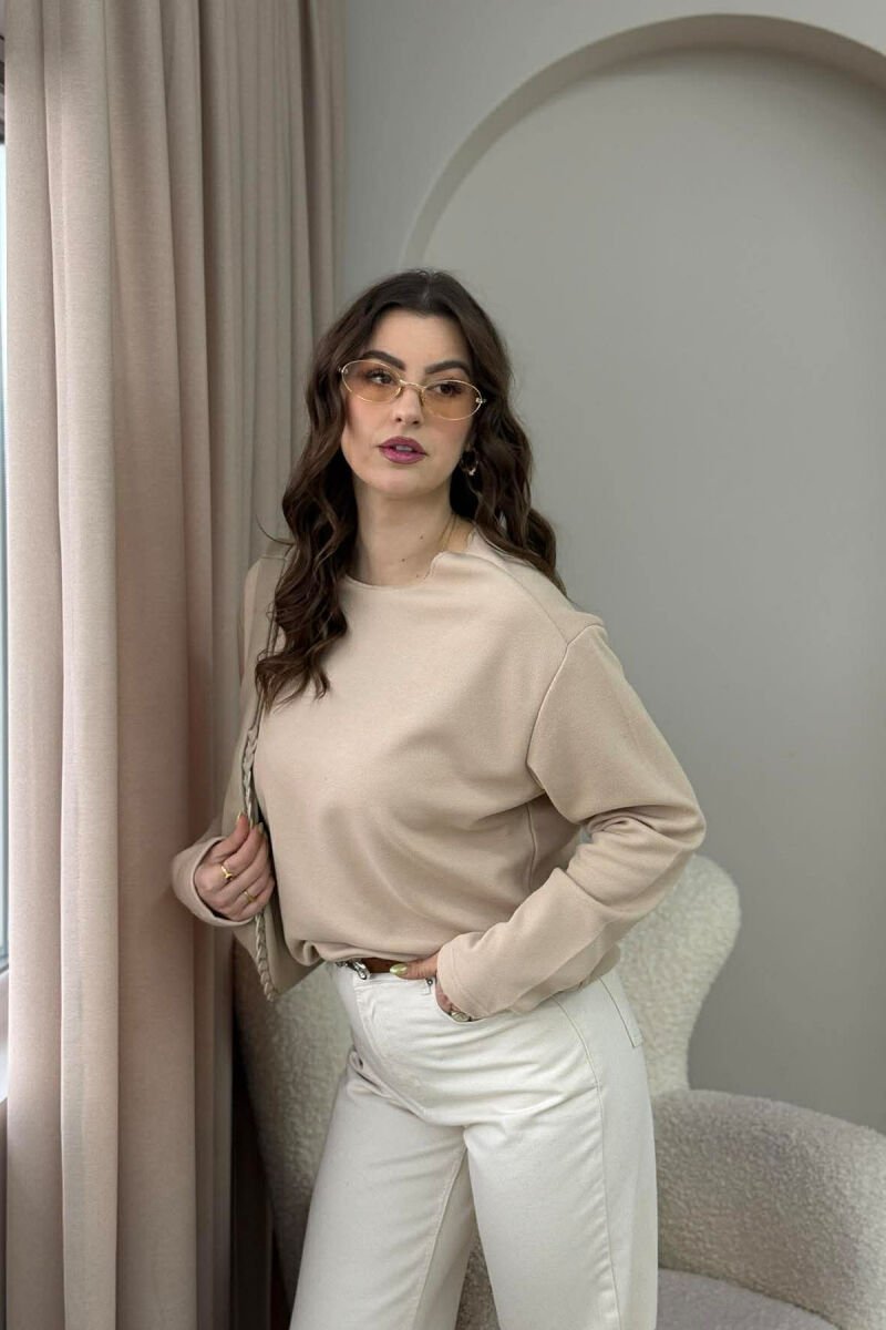 ONE COLOR ROUND NECK WOMEN SWEATSHIRT BEIGE/BEZHE - 4