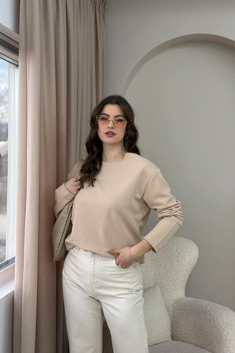 ONE COLOR ROUND NECK WOMEN SWEATSHIRT BEIGE/BEZHE - 5