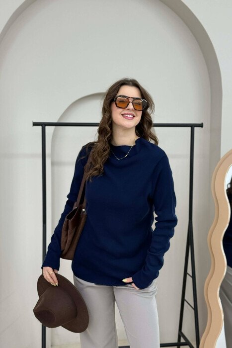 ONE COLOR ROUND NECK WOMEN SWEATER DARK BLUE/BEE - 3