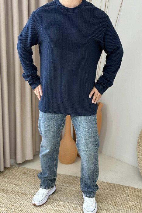 ONE COLOR ROUND NECK MEN SWEATER DARK BLUE/BEE - 1