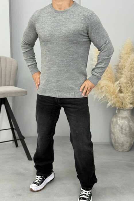 ONE COLOR ROUND NECK MEN SWEATER GREY/GRI - KLAUDIO FASHION