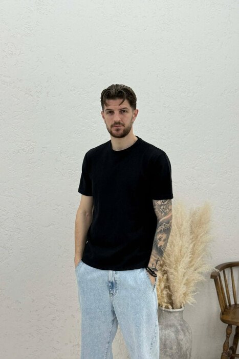 ONE COLOR ROUND NECK MEN T-SHIRT BLACK/ E ZEZE - 1