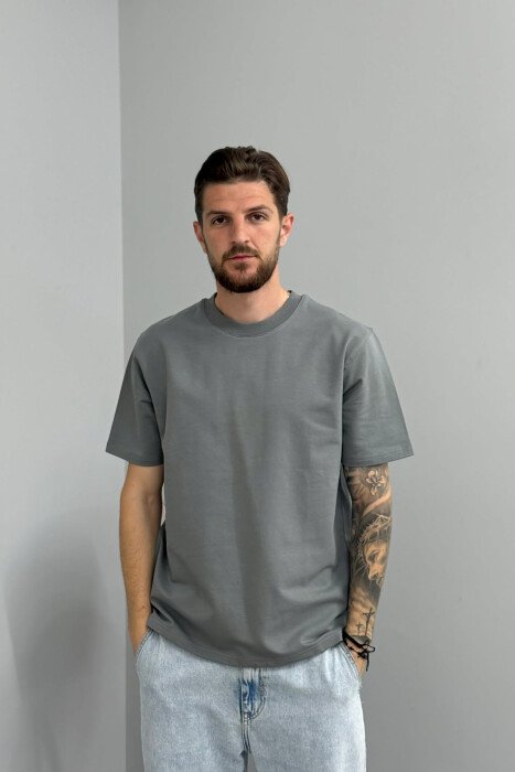 ONE COLOR ROUND NECK MEN T-SHIRT DARK GREY/GEE - KLAUDIO FASHION