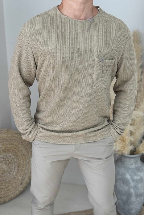 BLUZE E THJESHTË ME DETAJIN E XHEPIT PËR MESHKUJ NË NGJYRËN BEZHË - KLAUDIO FASHION