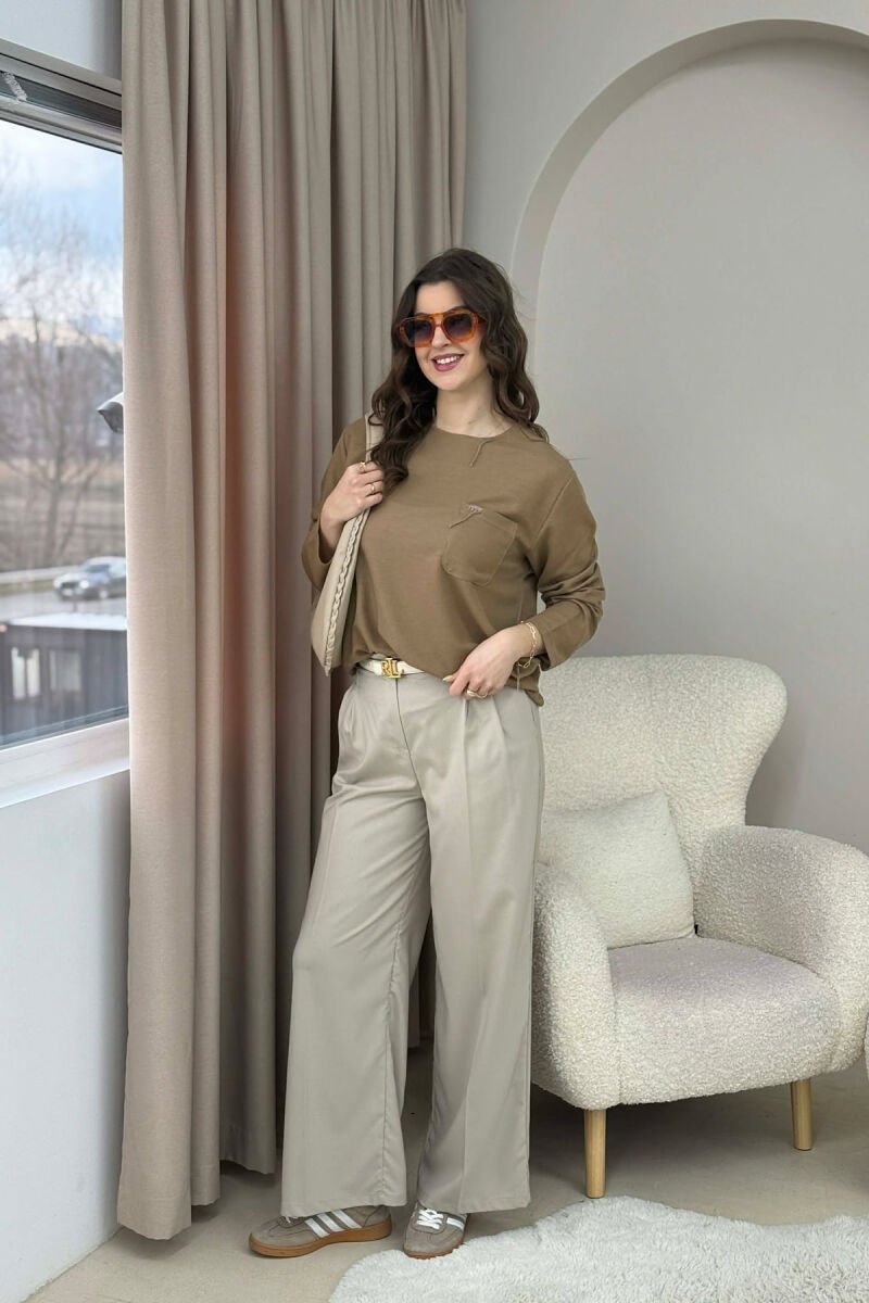 ONE COLOR ROUND NECK POCKET DETAIL WOMEN SWEATER BROWN/KAFE - 5