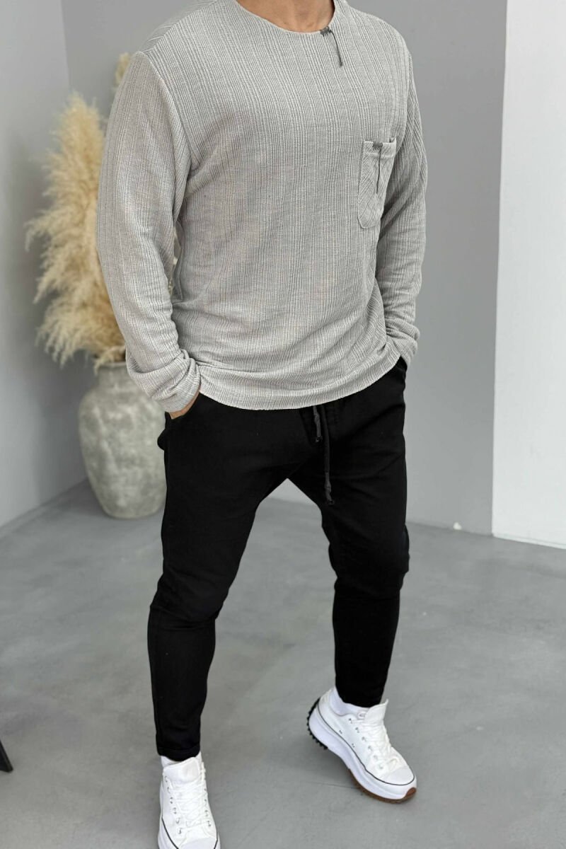 ONE COLOR ROUND NECK POCKET DETAIL MEN SWEATER GREY/GRI - 2