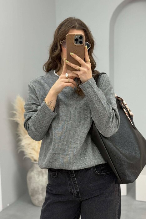 ONE COLOR ROUND NECK POCKET DETAIL WOMEN SWEATSHIRT GREY/GRI - 4