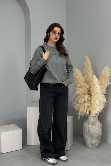 ONE COLOR ROUND NECK POCKET DETAIL WOMEN SWEATSHIRT GREY/GRI - 6