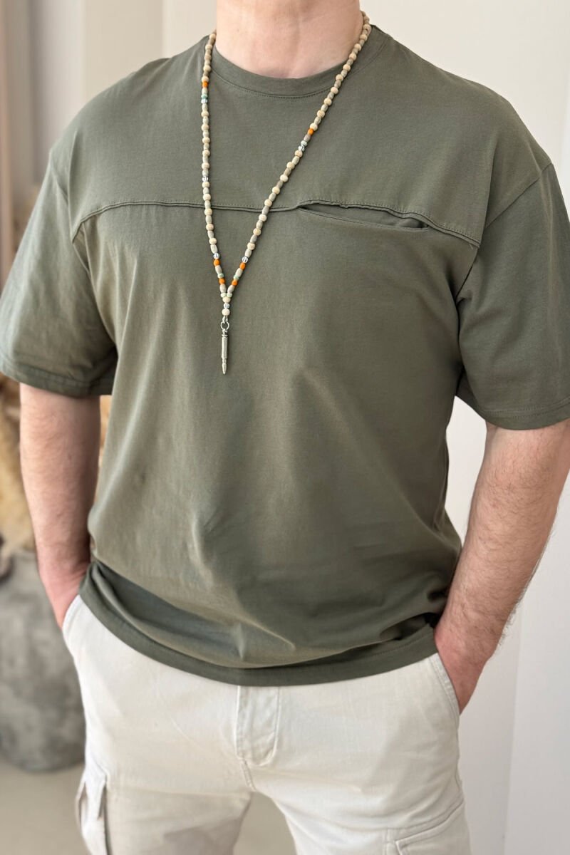 ONE COLOR ROUND NECK POCKET DETAIL MEN T-SHIRT OLIVE/ULLI - 3