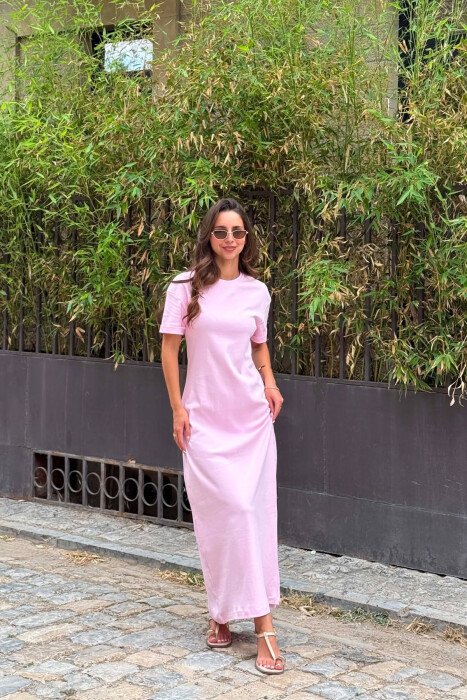 ONE COLOR ROUND NECK SHORT SLEEVE WOMAN DRESS PINK/ROZE - 