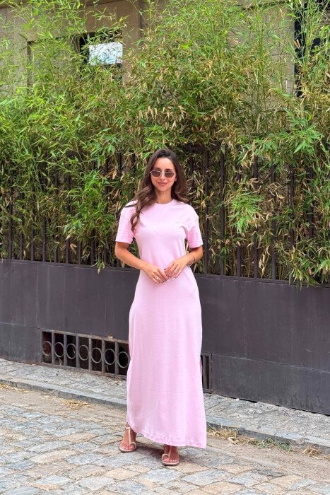 ONE COLOR ROUND NECK SHORT SLEEVE WOMAN DRESS PINK/ROZE - 2