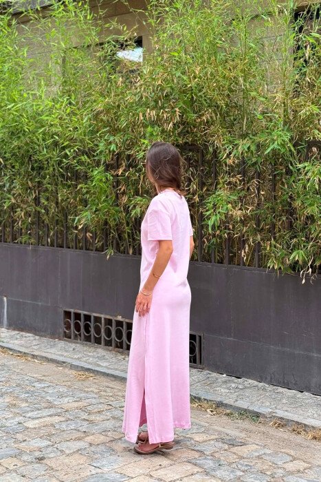 ONE COLOR ROUND NECK SHORT SLEEVE WOMAN DRESS PINK/ROZE - 3