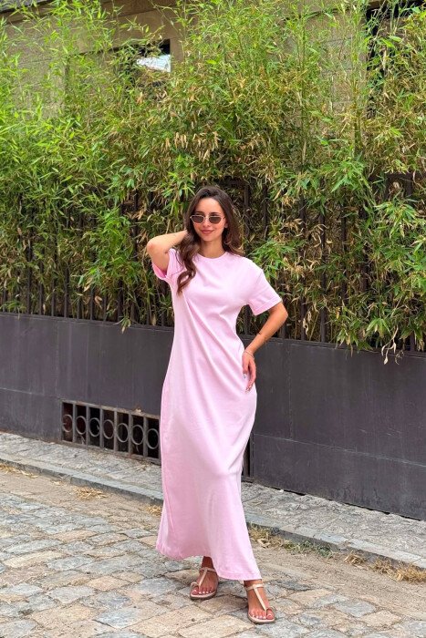 ONE COLOR ROUND NECK SHORT SLEEVE WOMAN DRESS PINK/ROZE - 5