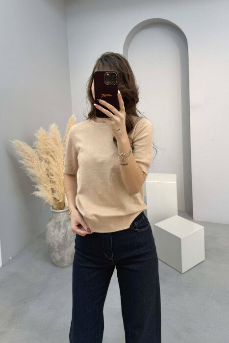 ONE COLOR ROUND NECK SHORT SLEEVE WOMEN SWEATER BEIGE/BEZHE - 1