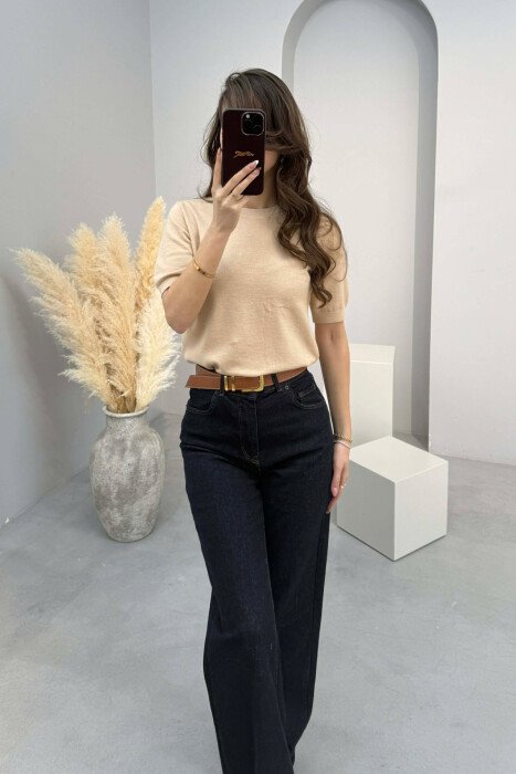 ONE COLOR ROUND NECK SHORT SLEEVE WOMEN SWEATER BEIGE/BEZHE - 2