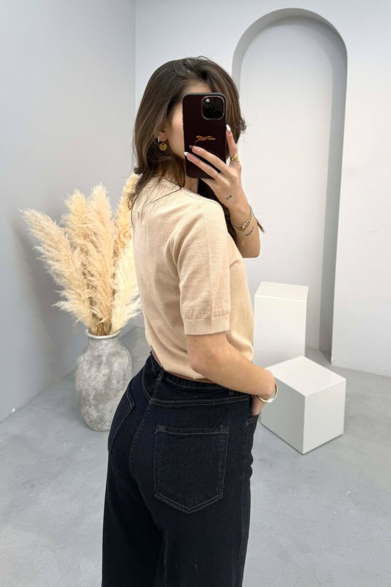 ONE COLOR ROUND NECK SHORT SLEEVE WOMEN SWEATER BEIGE/BEZHE - 3