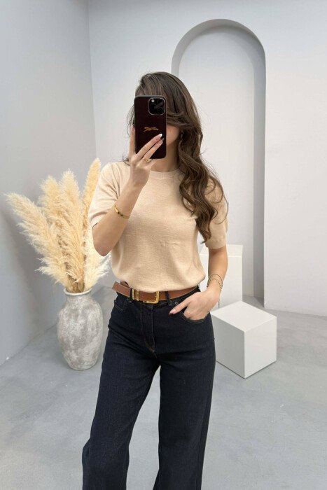 ONE COLOR ROUND NECK SHORT SLEEVE WOMEN SWEATER BEIGE/BEZHE - 4