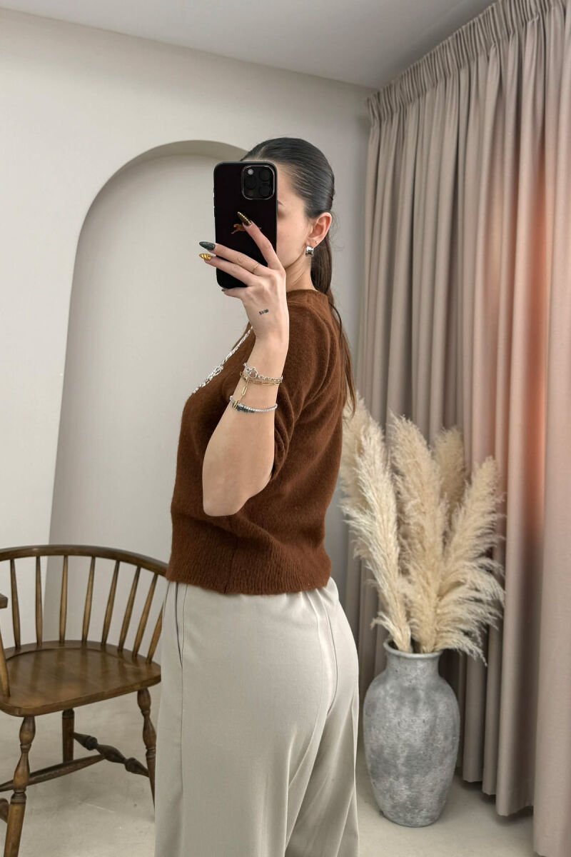 ONE COLOR ROUND NECK SHORT SLEEVE WOMEN SWEATER BROWN/KAFE - 3