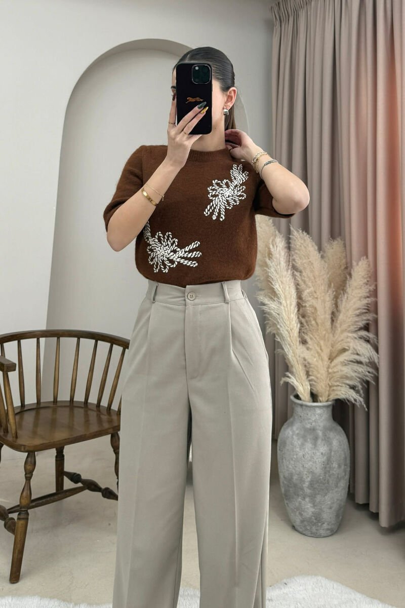 ONE COLOR ROUND NECK SHORT SLEEVE WOMEN SWEATER BROWN/KAFE - 4