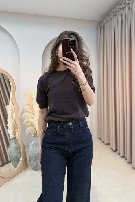 ONE COLOR ROUND NECK SHORT SLEEVE WOMEN SWEATER DARK BROWN/KAE - 3