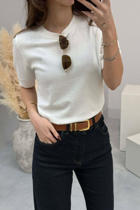 ONE COLOR ROUND NECK SHORT SLEEVE WOMEN SWEATER WHITE-E BARDHE - 2