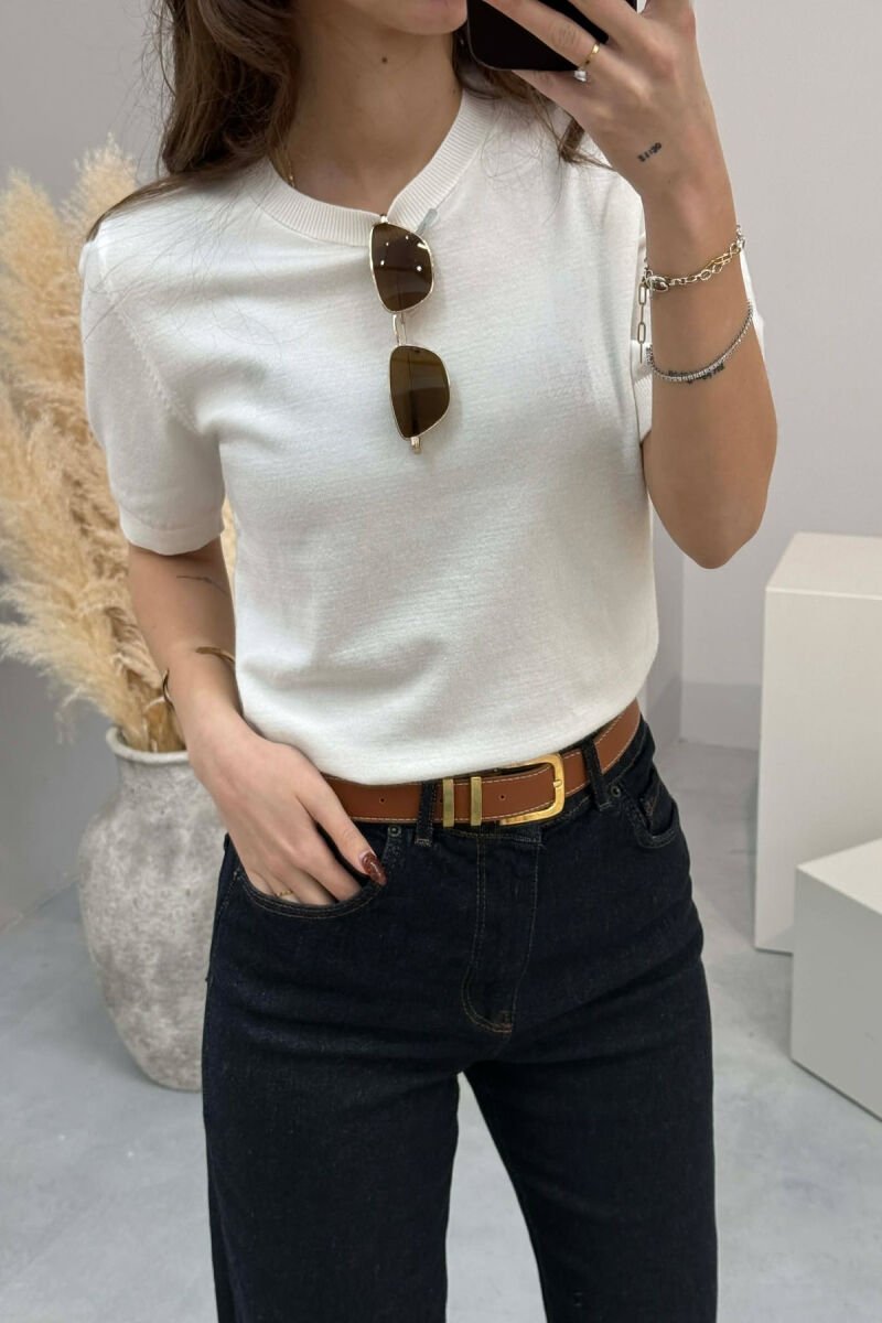 ONE COLOR ROUND NECK SHORT SLEEVE WOMEN SWEATER WHITE-E BARDHE - 2