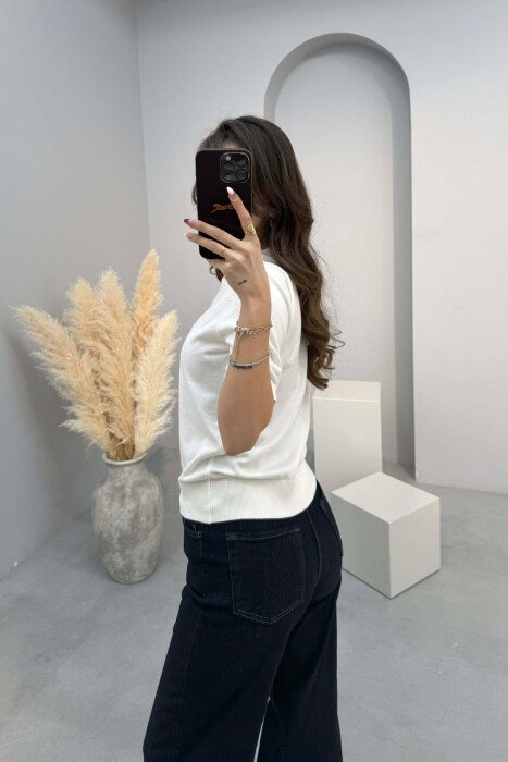 ONE COLOR ROUND NECK SHORT SLEEVE WOMEN SWEATER WHITE-E BARDHE - 3