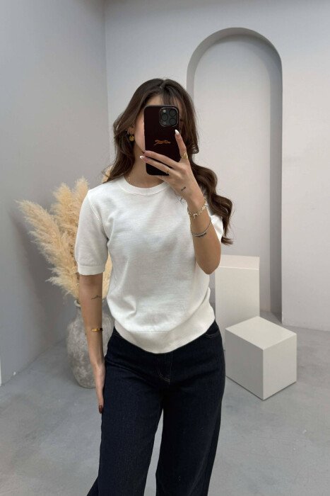 ONE COLOR ROUND NECK SHORT SLEEVE WOMEN SWEATER WHITE-E BARDHE - 4