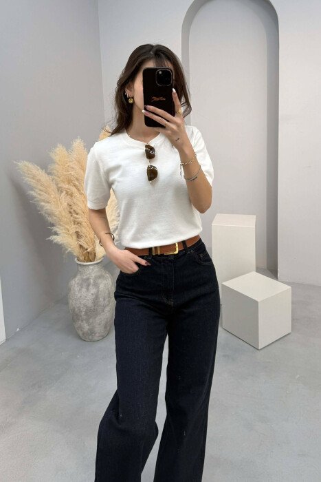 ONE COLOR ROUND NECK SHORT SLEEVE WOMEN SWEATER WHITE-E BARDHE 
