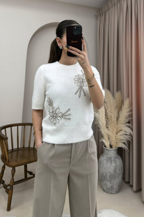 ONE COLOR ROUND NECK SHORT SLEEVE WOMEN SWEATER WHITE-E BARDHE - KLAUDIO FASHION