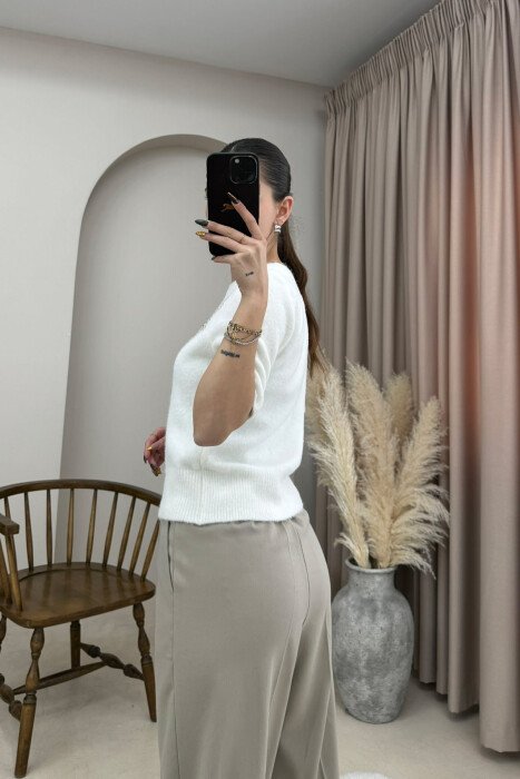 ONE COLOR ROUND NECK SHORT SLEEVE WOMEN SWEATER WHITE-E BARDHE - 2