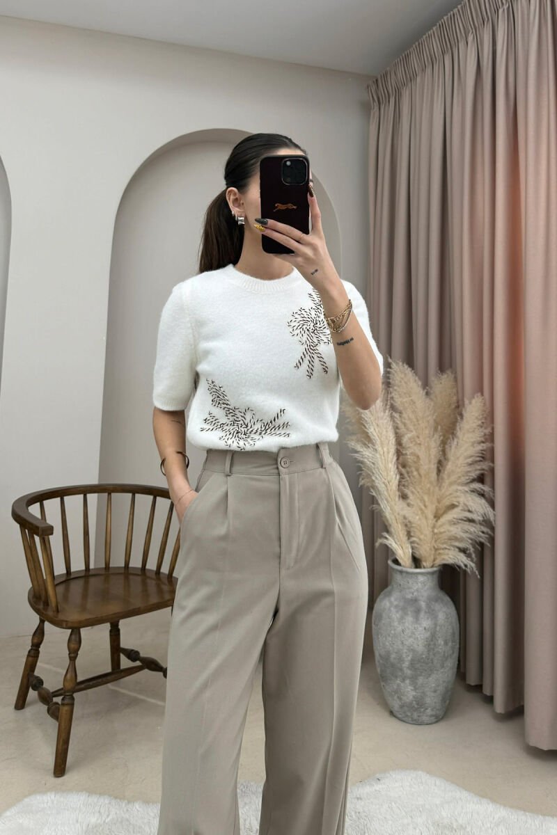 ONE COLOR ROUND NECK SHORT SLEEVE WOMEN SWEATER WHITE-E BARDHE - 4
