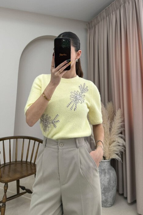 ONE COLOR ROUND NECK SHORT SLEEVE WOMEN SWEATER YELLOW/E VERDHE - 3
