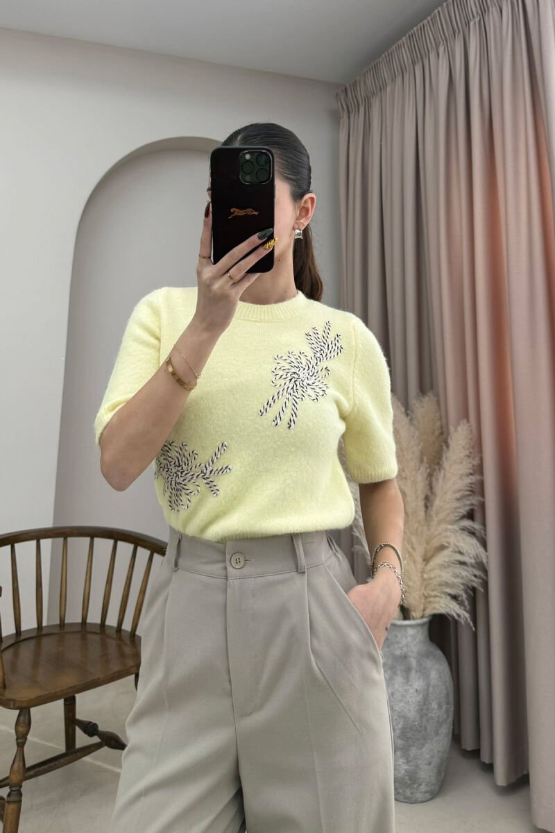 ONE COLOR ROUND NECK SHORT SLEEVE WOMEN SWEATER YELLOW/E VERDHE - 3