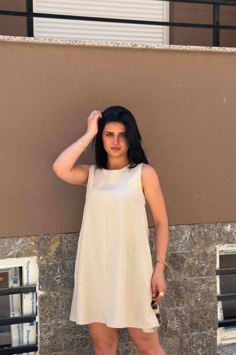 ONE COLOR ROUND NECK SHORT WOMAN DRESS BEIGE/BEZHE - 3