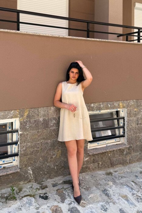 ONE COLOR ROUND NECK SHORT WOMAN DRESS BEIGE/BEZHE - 4