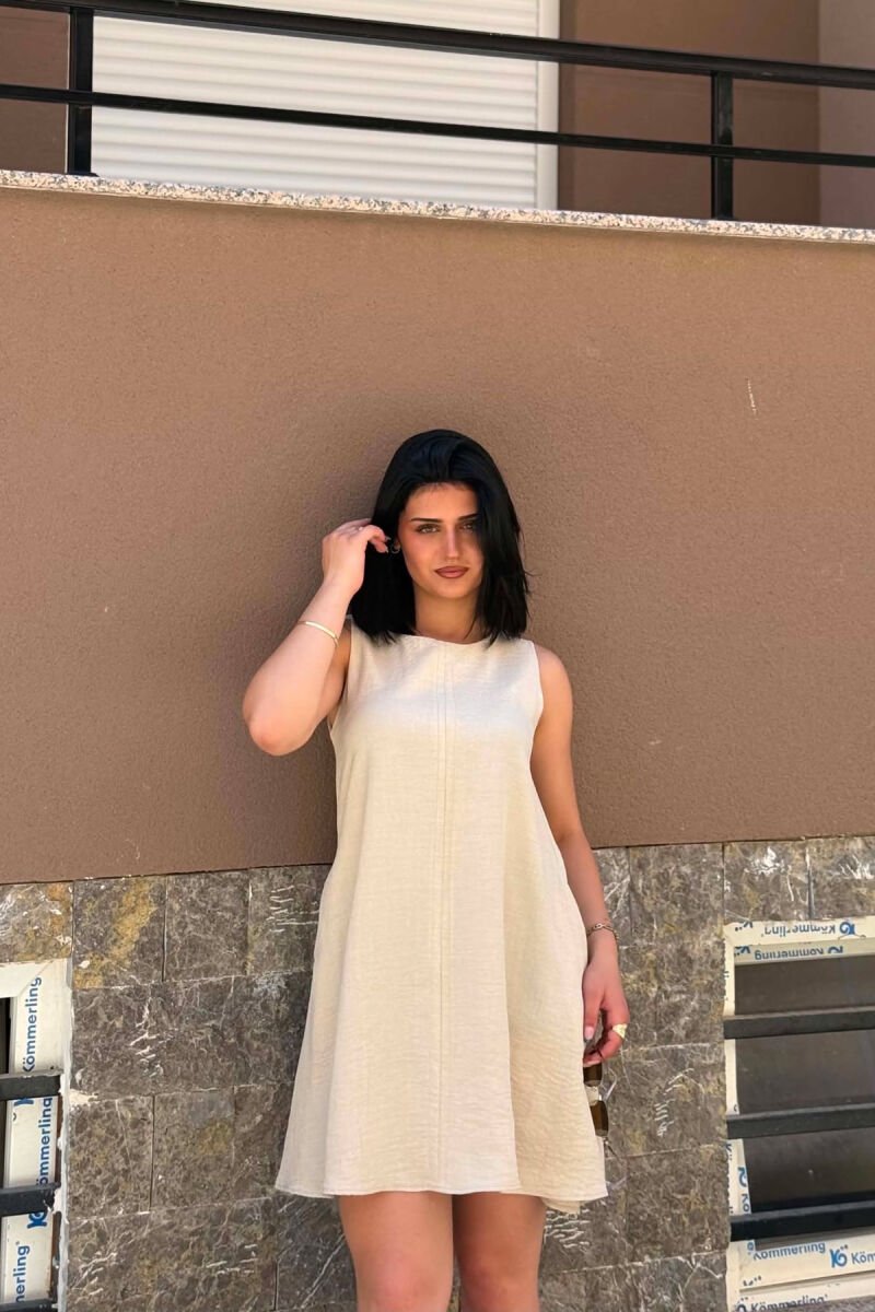 ONE COLOR ROUND NECK SHORT WOMAN DRESS BEIGE/BEZHE - 6