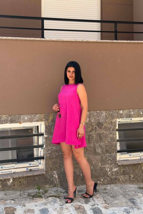 ONE COLOR ROUND NECK SHORT WOMAN DRESS FUCHSIA/CIKLAMI - 4