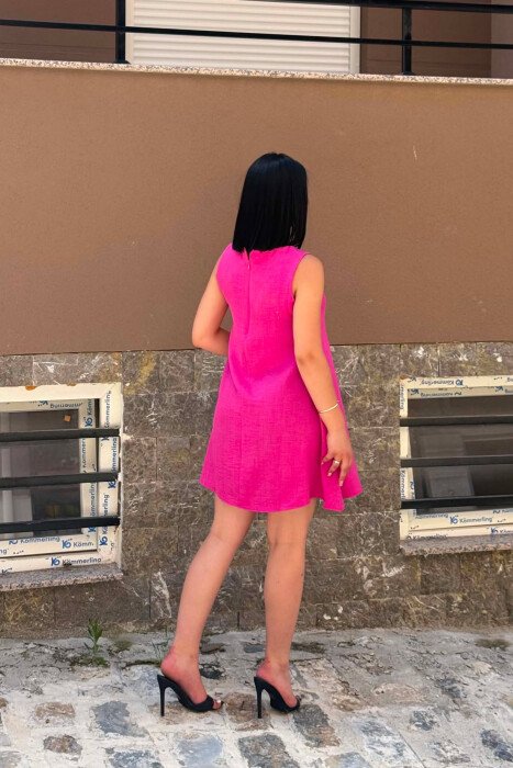ONE COLOR ROUND NECK SHORT WOMAN DRESS FUCHSIA/CIKLAMI - 5