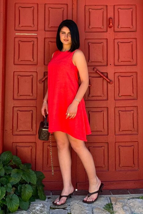 ONE COLOR ROUND NECK SHORT WOMAN DRESS ORANGE/PORTOKALLI - 2