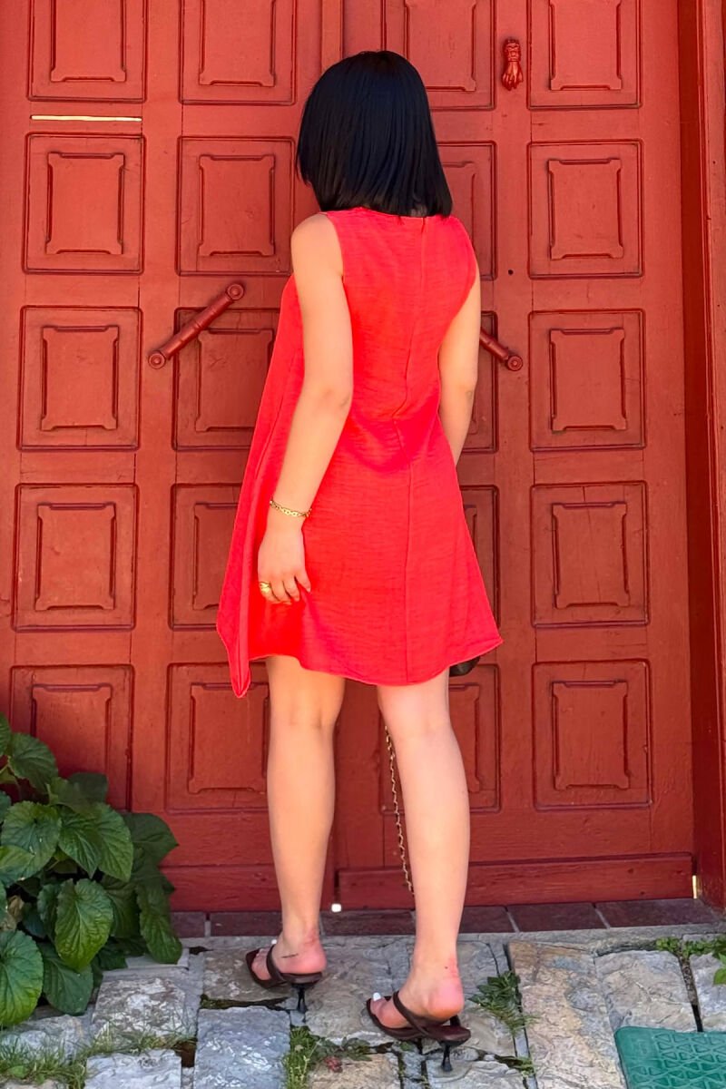 ONE COLOR ROUND NECK SHORT WOMAN DRESS ORANGE/PORTOKALLI - 3