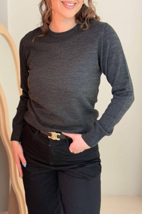 ONE COLOR ROUND NECK SIMPLE WOMEN SWEATER DARK GREY/GEE - 3