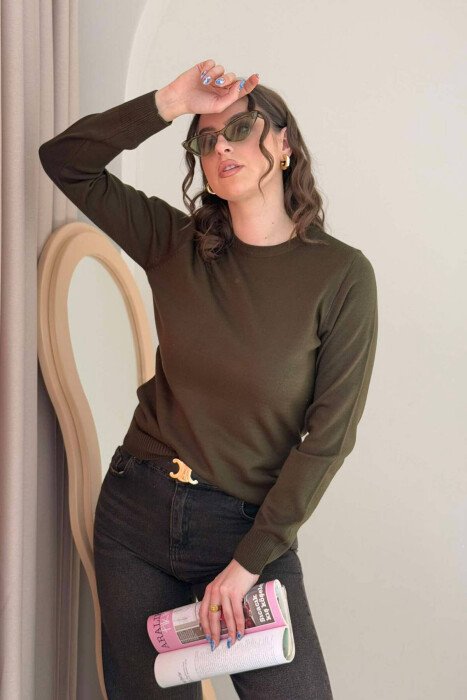 ONE COLOR ROUND NECK SIMPLE WOMEN SWEATER GREEN/JESHILE - 5