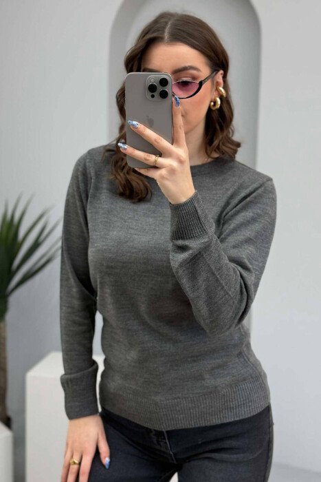 ONE COLOR ROUND NECK SIMPLE WOMEN SWEATER GREY/GRI - 5