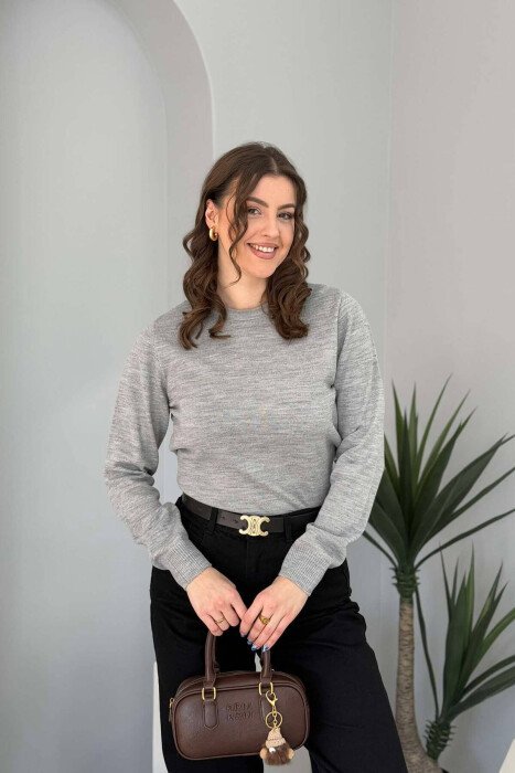 ONE COLOR ROUND NECK SIMPLE WOMEN SWEATER LIGHT GREY/GZ - 1