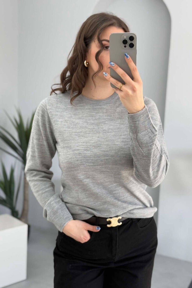 ONE COLOR ROUND NECK SIMPLE WOMEN SWEATER LIGHT GREY/GZ - 4