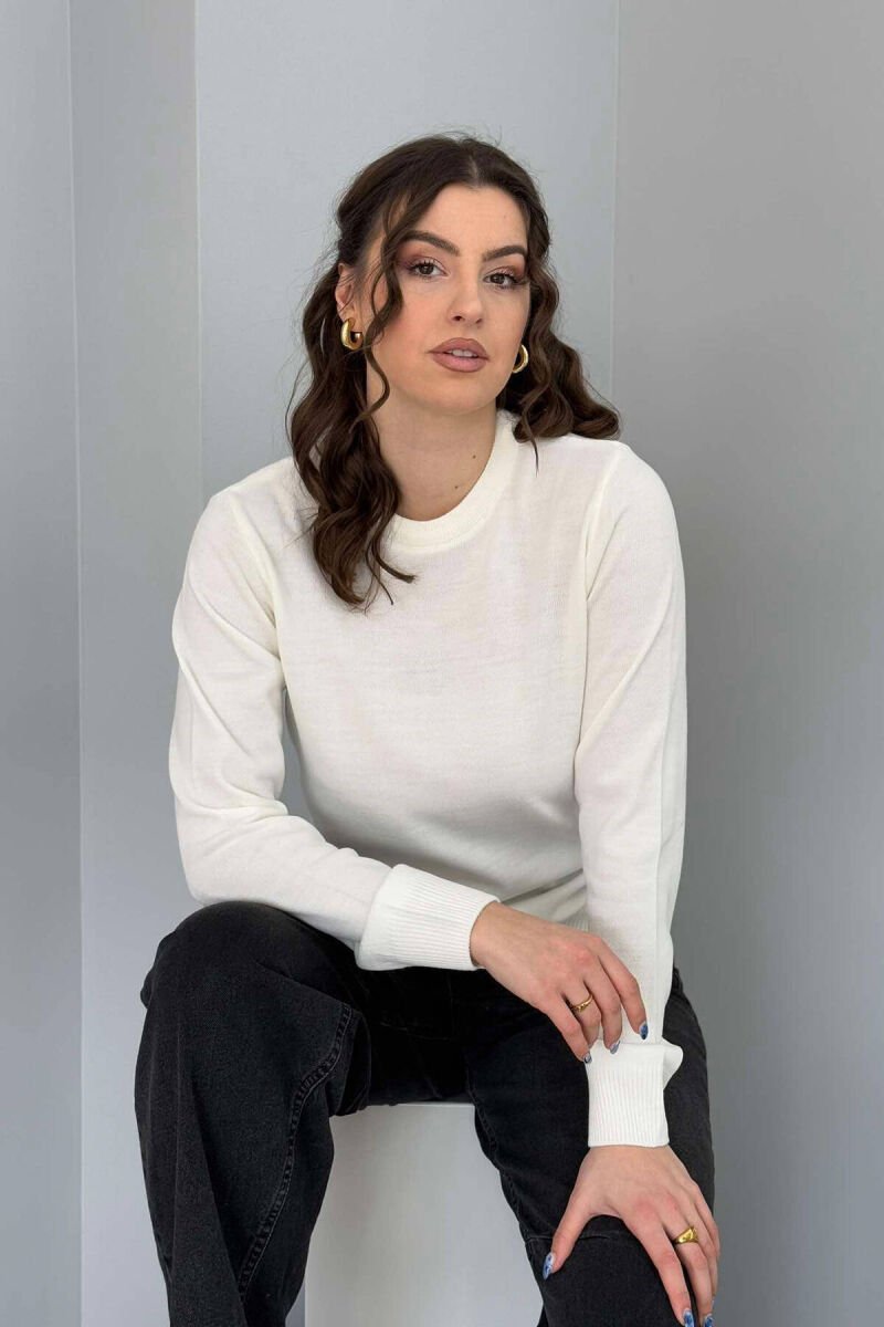 ONE COLOR ROUND NECK SIMPLE WOMEN SWEATER WHITE-E BARDHE - 2